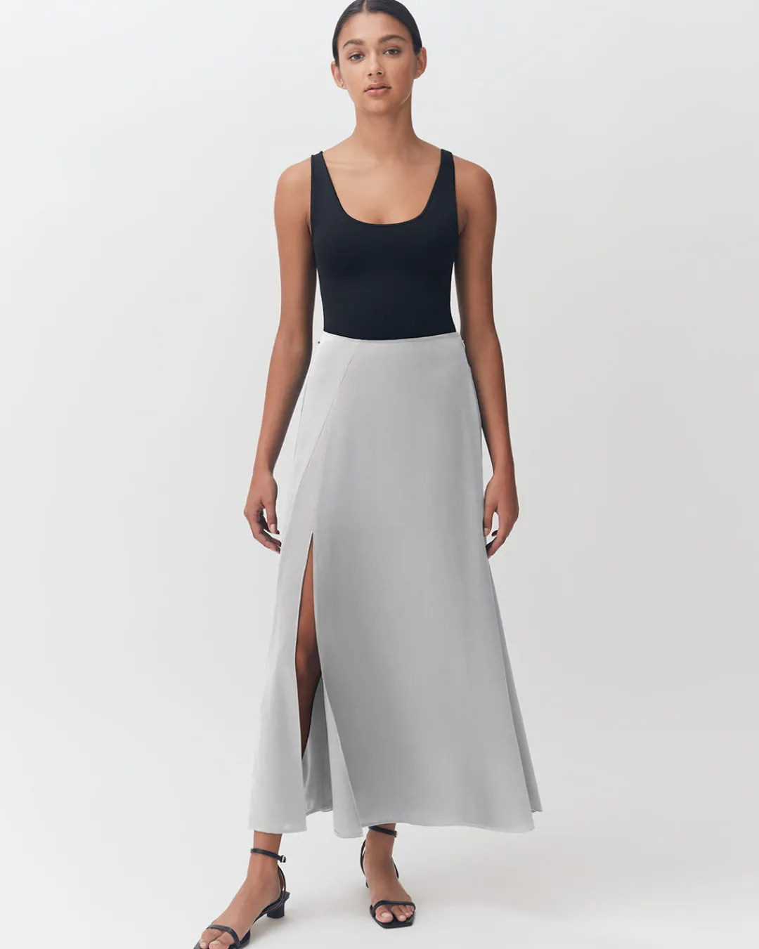 New Cuyana Washable Charmeuse Maxi Skirt Silver